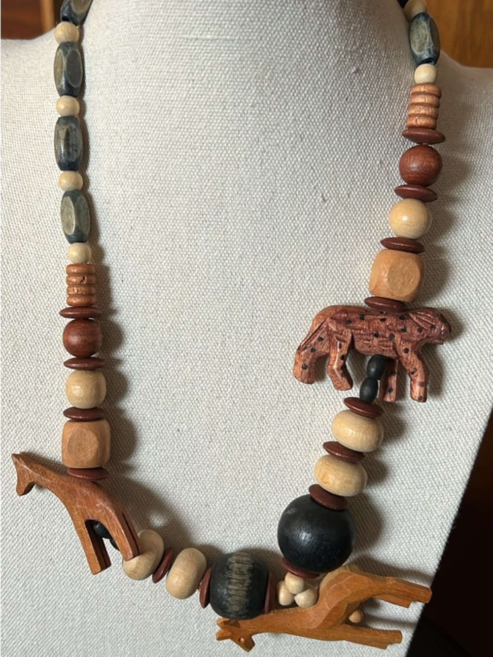 Wood Wood Carved Animal Wooden Bead Necklace in Brown, Black, Cream